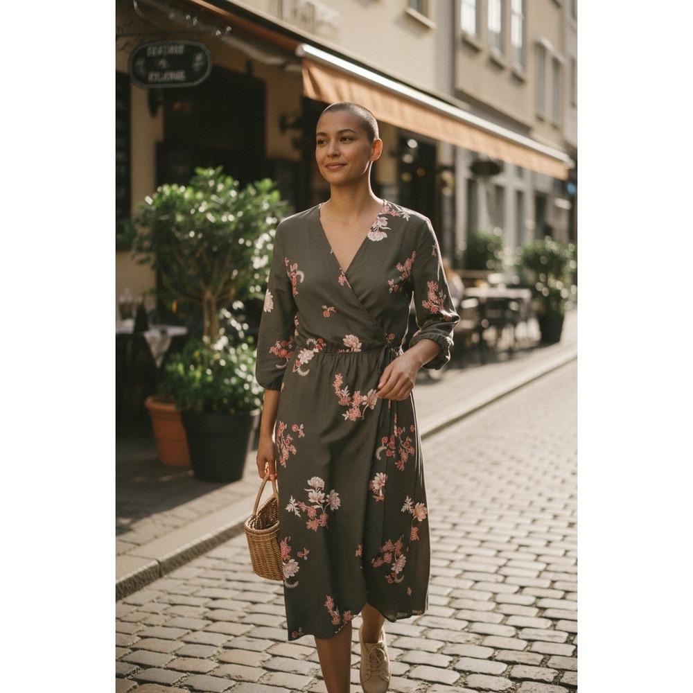 Fraiche by J Dark Green Floral Maxi Dress Long Sleeve Surplice Neck Womens Large
